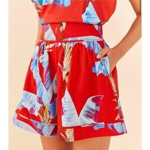 Farm Rio Sweet Jungle Ananas Red Linen Shorts, Large, Tropical Jet set Luxury